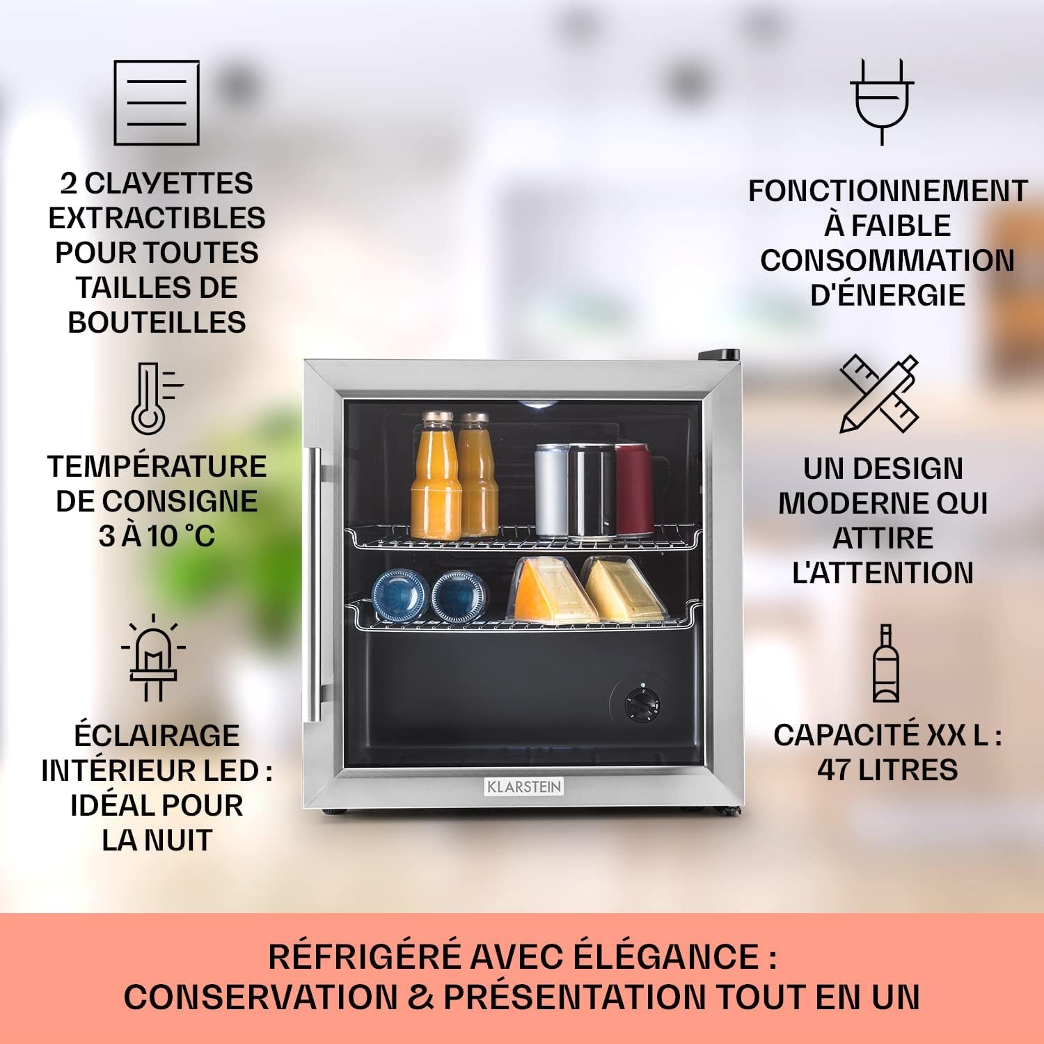 Beersafe L Mini Frigo De Chambre Pour Boissons, Petit Frigo Silencieux, Mini Bar Intérieur, Petit Refrigérateur Camping, Stockage De Bières, Vins, Boissons, Etagères Amovibles, 3-10°C, 47L